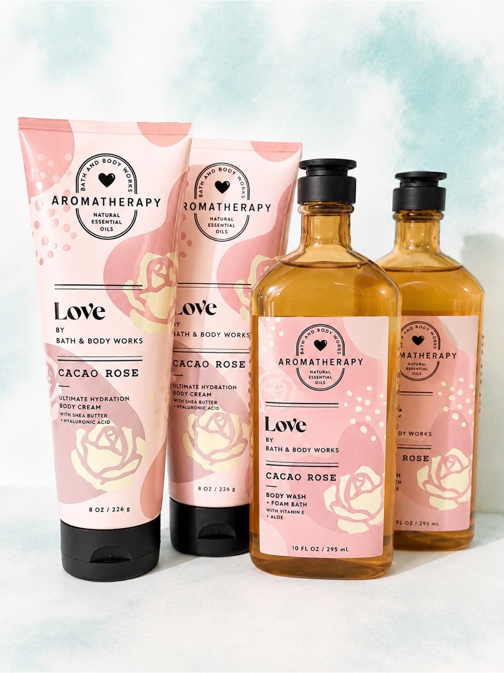 Bath & Body Works Cacao Rose LOVE Aromatherapy Body Wash & Cream Bundle